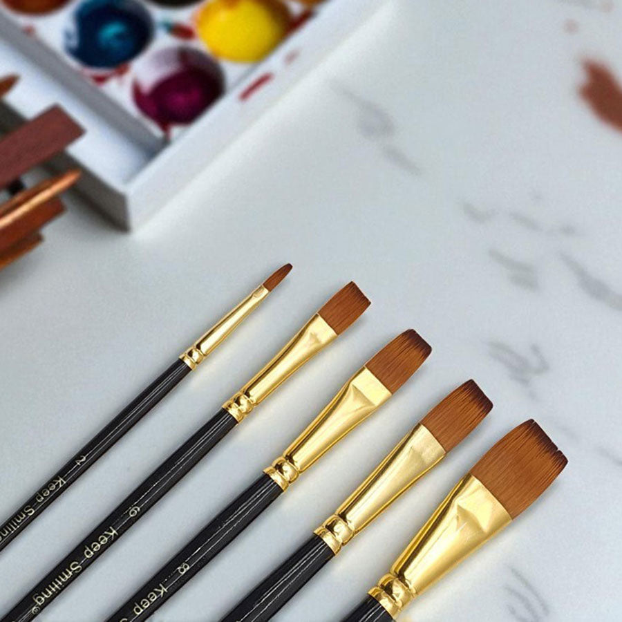 Keep Smiling Flat Paint Brush Set – 6-Piece for Acrylic, Oil & Watercolor Painting