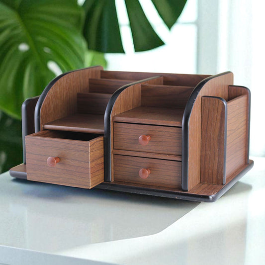 Wooden Desk Organizer with Multi-Compartment Storage, Drawers