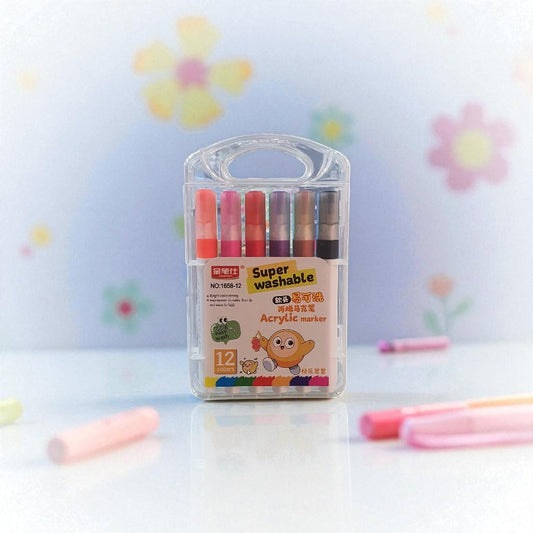 Super Washable Acrylic Markers Set of 12 Vibrant Colors - Easy Clean, Dual-Tipped Art & Craft