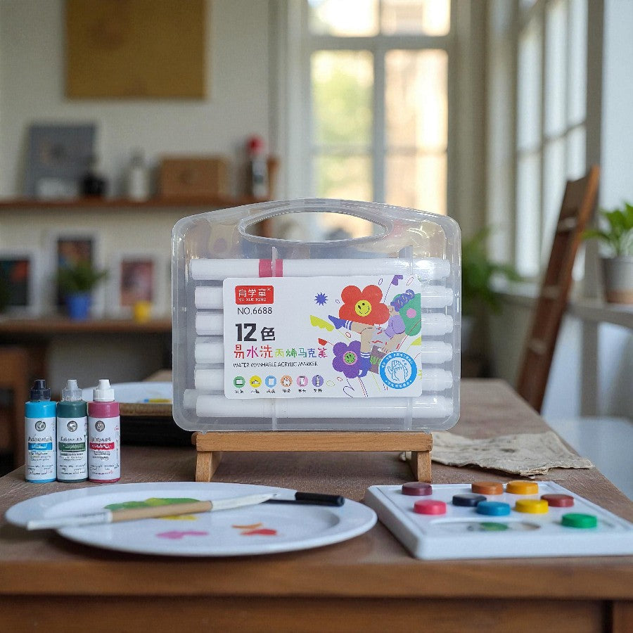 Acrylic Markers Set in Clear Plastic Case with Handle Multicoloured Drawing & Sketching Supplies