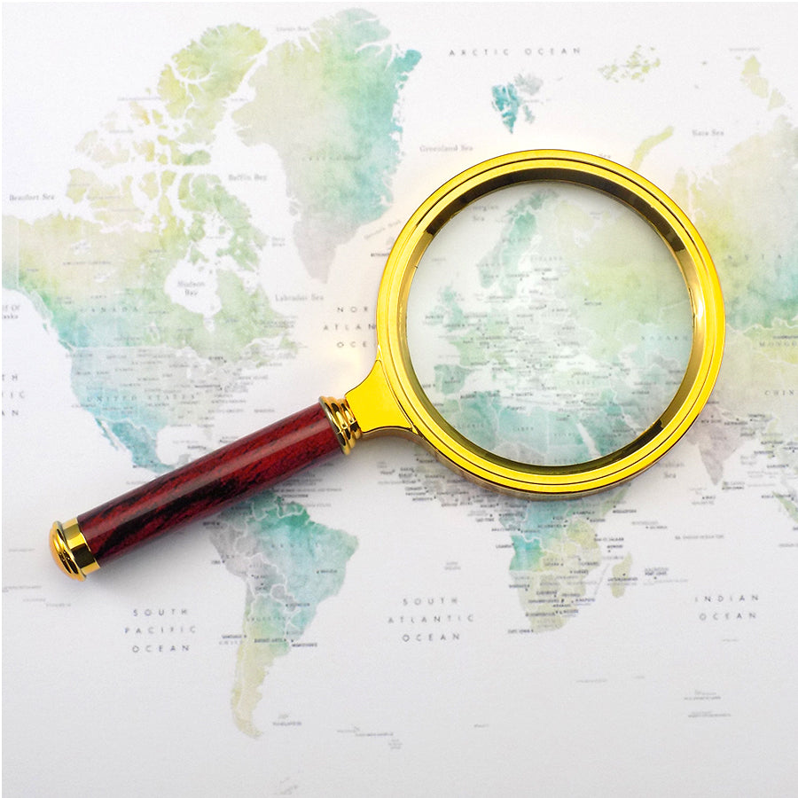 Gold Trim Magnifying Glass with Wooden Handle for Maps, books, Jewelry, Offices, Doctors, etc