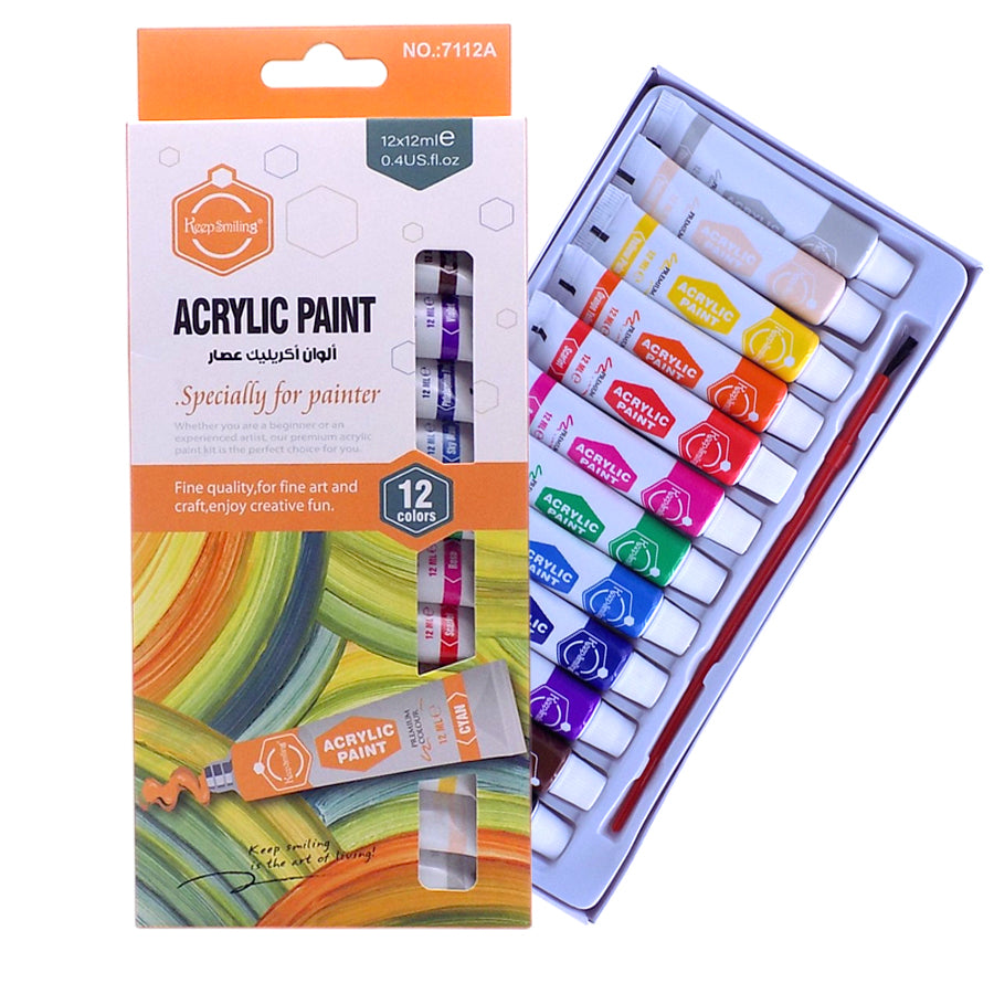 Keep Smiling Fine Quality Acrylic Paint 12-Colors 12ml Tubes set.