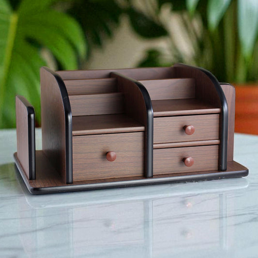 Wooden Desk Organizer with Multi-Compartment Storage, Drawers